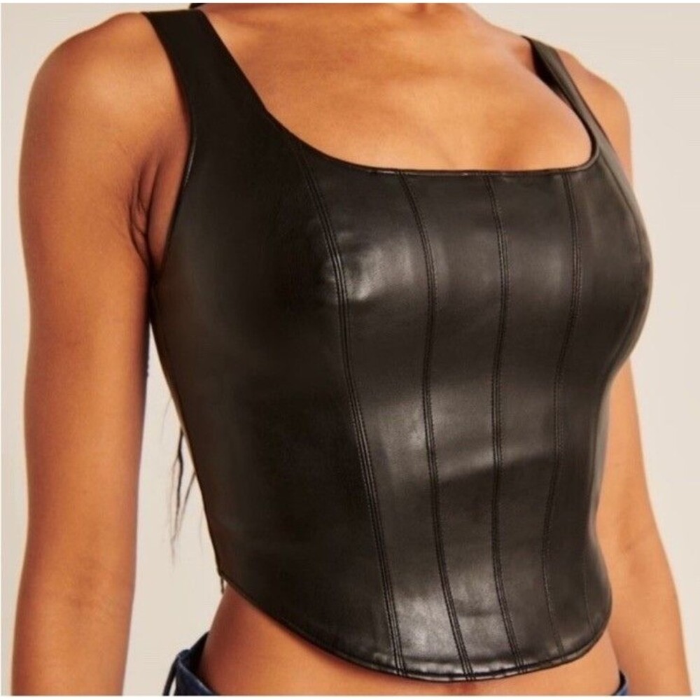 Women Abercrombie & Fitch Vegan Leather Corset Scoop Neck Tank Top Black Sz L